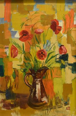 a painting of flowers in a vase on a table