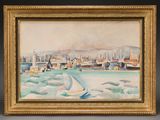 tableau représentant un voilier dans un port, avec une ville en arrière-plan