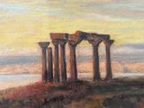 an oil painting of three pillars on a hill with a sunset in the background