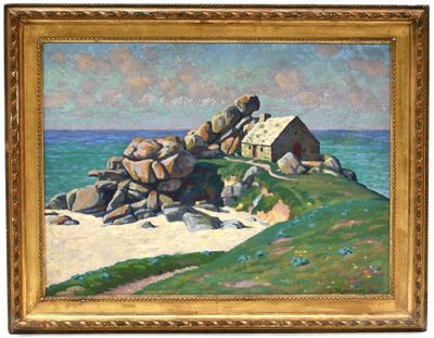 an image of a painting of a house on a rocky beach