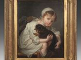 an image of a painting of a young girl holding a dog