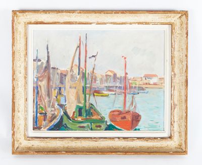 an oil painting of boats docked in a harbor with buildings in the background