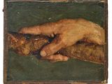an old painting of a hand resting on a tree branch