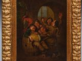 un tableau représentant un groupe de personnes assises autour d'un tonneau
