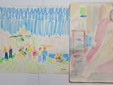 two drawings of a woman sitting on a bench