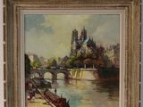 painting of a boat on a river with a castle in the background