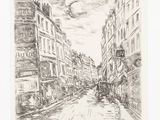 an ink drawing of a city street with buildings and a bird in the sky