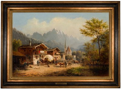 une image représentant un tableau illustrant une scène de village avec des chevaux et des calèches