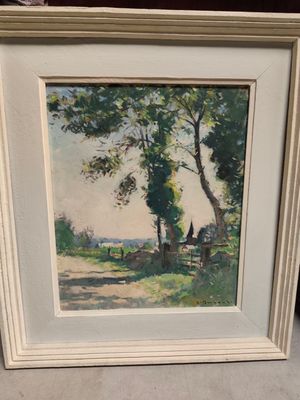 painting of a landscape with trees and a bench in the foreground