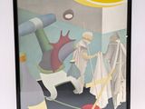 painting of a bathroom scene with a toilet, sink, and bathtub