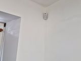 a room with a bed and a ceiling fan in it