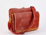 an image of a red and brown bag with a cat pattern on it