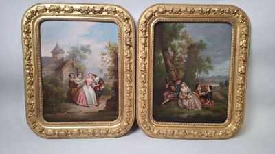 two framed paintings of a couple of people in a wooded setting