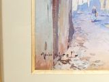 a picture of a painting of a person walking down the street