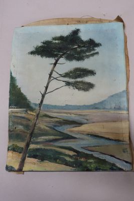 une peinture représentant un arbre et une rivière sur une feuille de papier