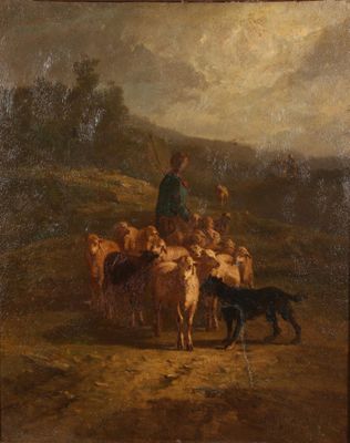 tableau représentant un berger et son troupeau de moutons dans un paysage montagneux