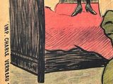 a drawing of a woman in a green dress sitting on a bed