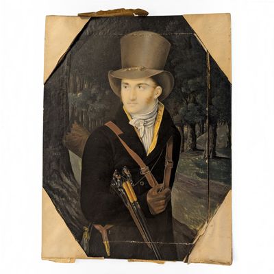 painting of a man in a top hat holding a rifle