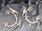 une paire de supports antiques en fonte en forme de poisson, posés sur un tissu noir