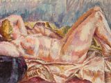 une peinture à l'huile représentant une femme allongée sur un canapé, les jambes croisées