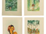 quatre aquarelles représentant une femme dans un décor de jungle