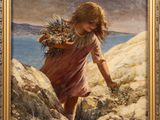 a painting of a young girl carrying a bunch of flowers