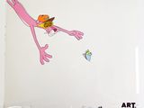 cellule d'animation représentant une panthère rose volant dans les airs