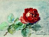 un tableau représentant une rose rouge entourée de feuilles vertes