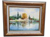 painting of a river scene with boats and trees in the background