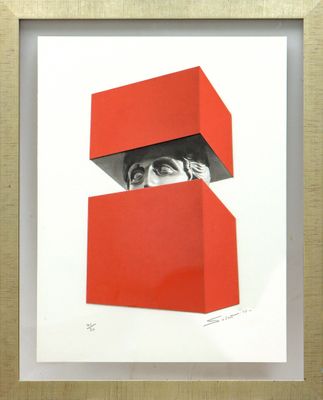 painting of a woman ' s face peeking out of a red box