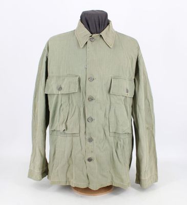 une veste verte posée sur un mannequin, devant un fond blanc