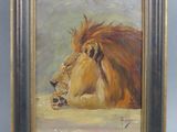 an oil painting of a lion laying down on the ground