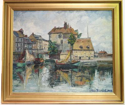 painting of a river scene with boats and buildings in a gold frame