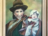 painting of a woman holding a baby in a hat and scarf