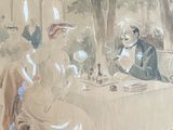 a painting of a man and a woman sitting at a table