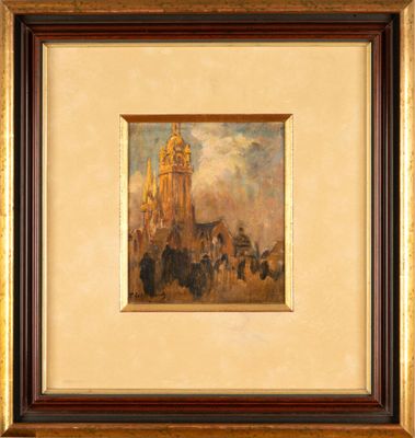 an image of a painting of a city with a clock tower in the background
