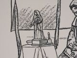drawing of a man sitting on the ground next to a table with a statue