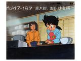 a cartoon picture of a boy and a girl in a kitchen
