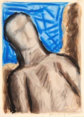 an image of a painting of a person with a blue background
