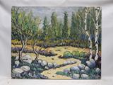 une peinture à l'huile représentant un paysage avec des arbres, des rochers et de l'herbe
