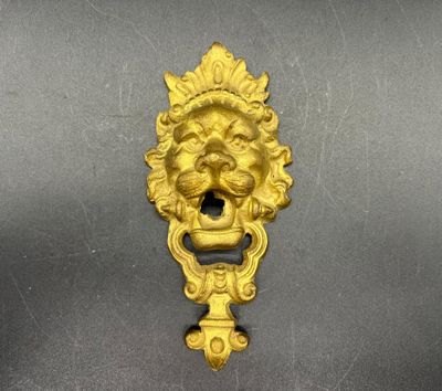 un gros plan d'un heurtoir doré orné d'une tête de lion