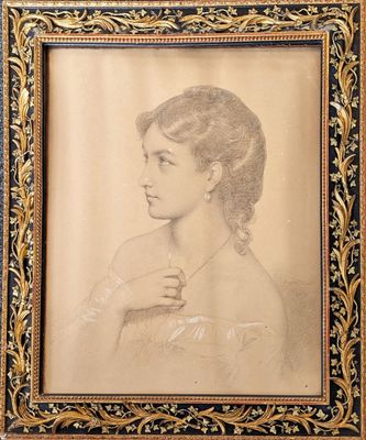 an old picture of a woman in a dress is shown in a gold frame