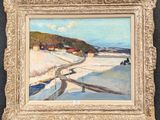 an image of a painting of a snowy landscape with a road in the foreground