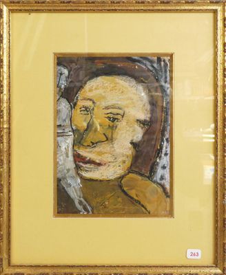 an oil painting of a man in a yellow shirt with a bird perched on his shoulder