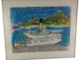 drawing of a boat in a harbor with a lighthouse in the background