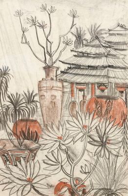 un dessin représentant un bâtiment avec beaucoup de plantes devant