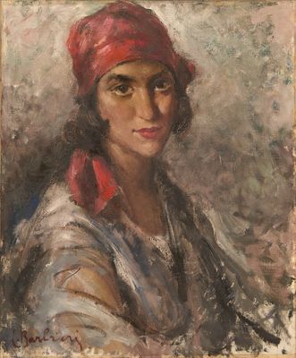 une peinture à l'huile représentant une femme portant un bandana rouge sur la tête