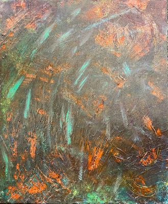 une peinture à l'huile représentant un champ d'herbe avec des feuilles orange et vertes