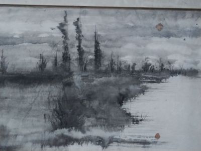 une peinture en noir et blanc représentant un bateau sur l'eau