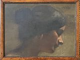 portrait of a woman with a black hat by a painting